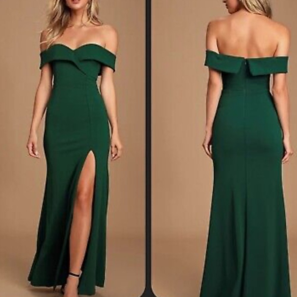 Lulu's Green Off-Shoulder Slit Gown for Weddings